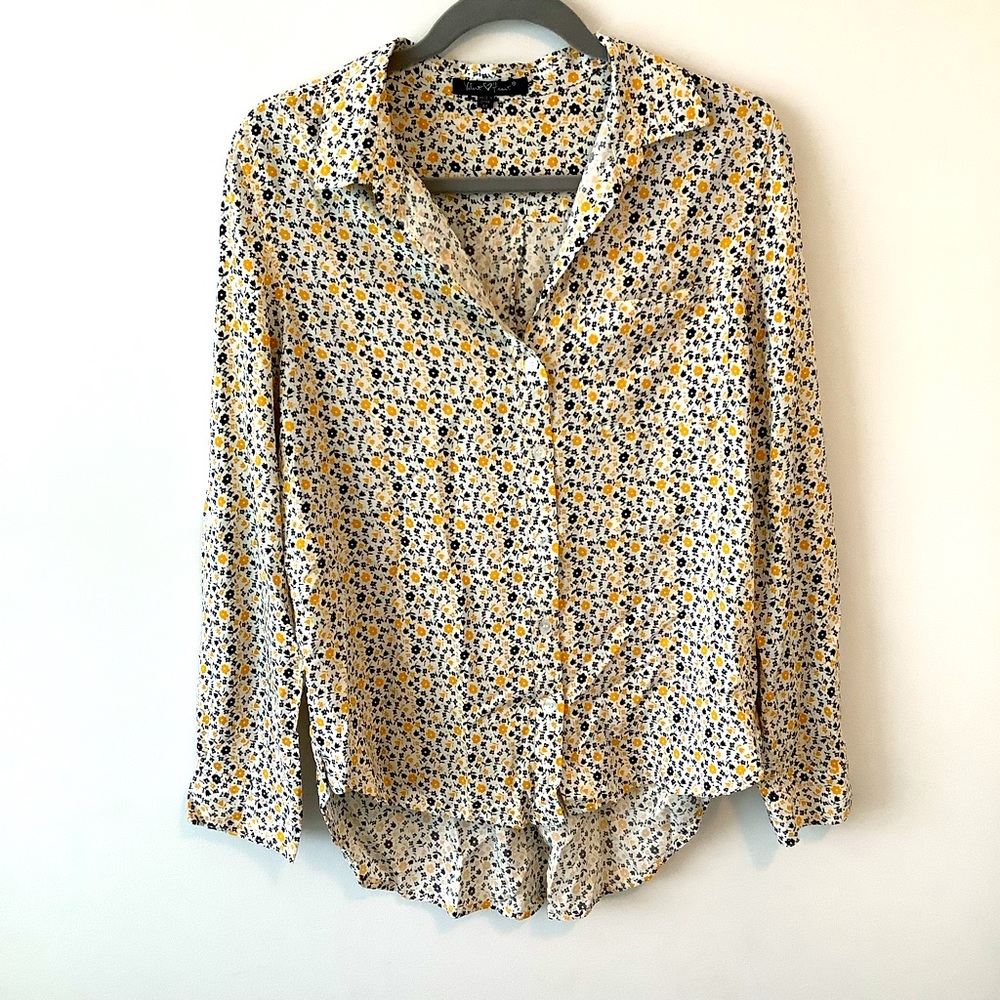 Velvet Heart women’s white yellow & black floral blouse shirt long sleeve size m